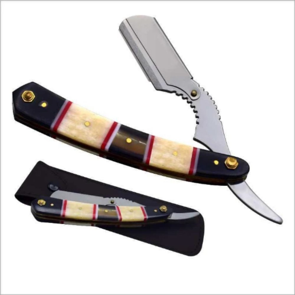 Handmade Men's Beard Razor - Camel Bone and Bull Horn Handle with Brass work